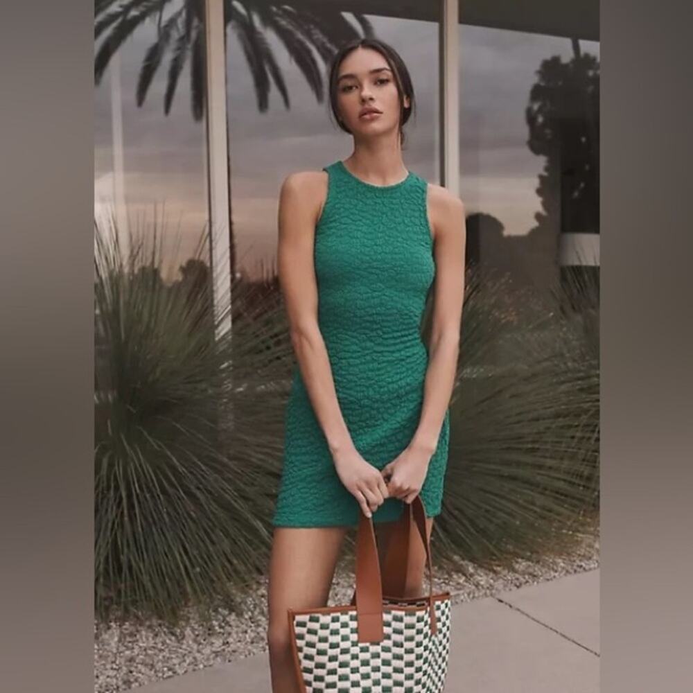 Anthropologie Popcorn Mini Dress Green Stretch Knit Lace Up Sides Size XS